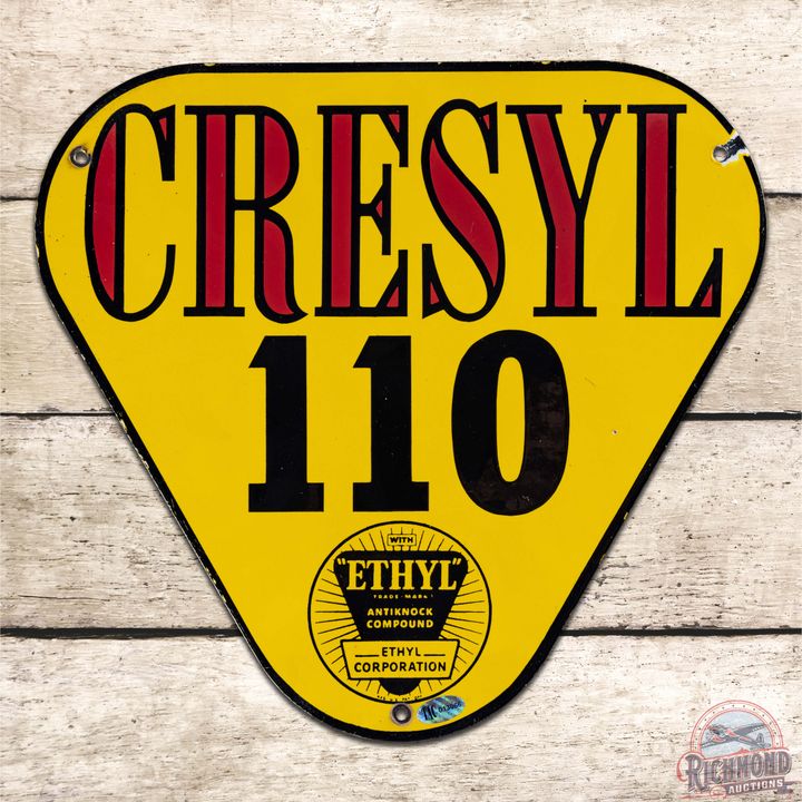 Cresyl 110 Ethyl Gasoline Single Sided Porcelain Pump Plate Sign w/ Logo