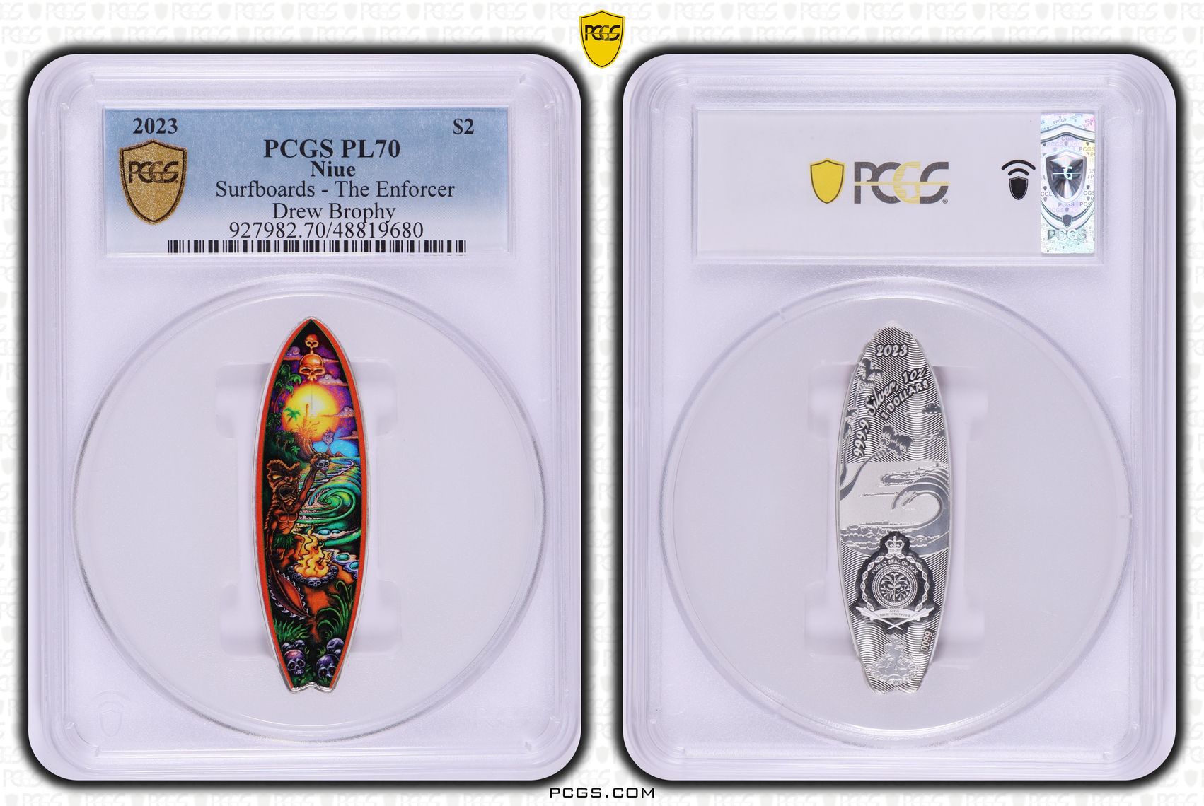 Niue, Surfboards - The Enforcer Drew Brophy, POP 6/0, Two Dollar, 2023, PCGS PL70