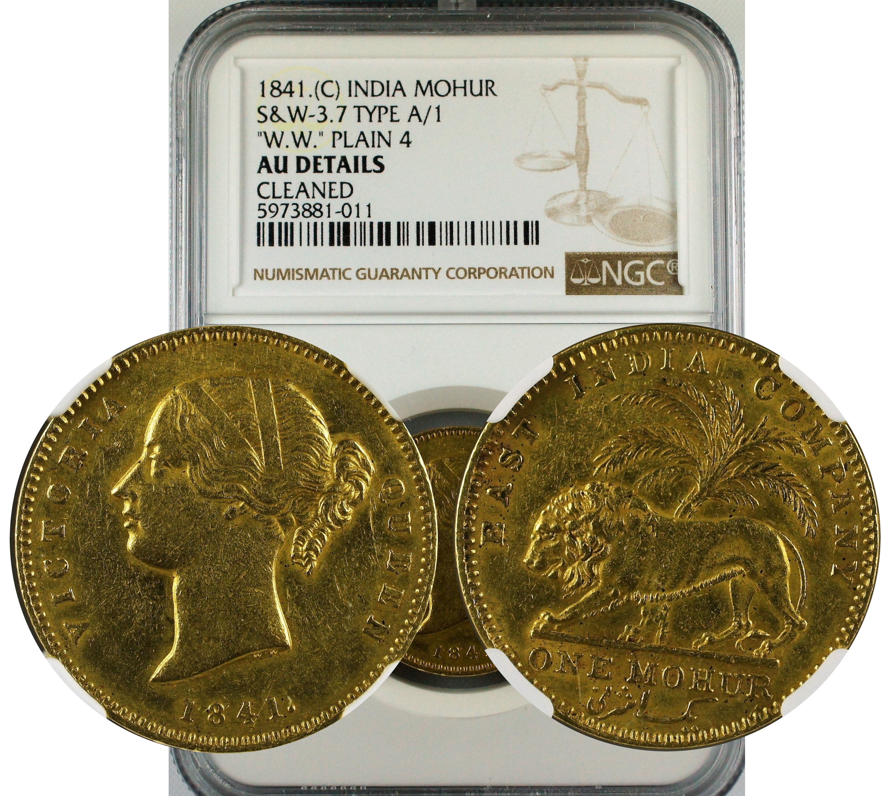 India British 1841 C Gold Mohur Plain 4 NGC AU Details