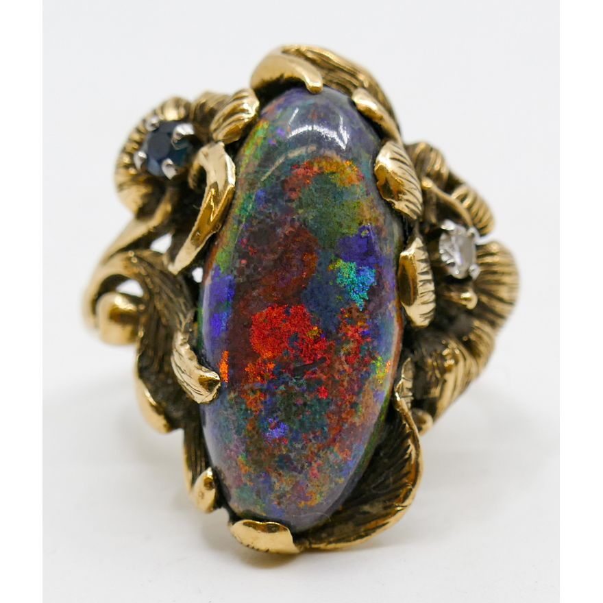 Carlson 14k Opal Diamond & Sapphire Floral Ring Size 10.5 - 10.2 Grams