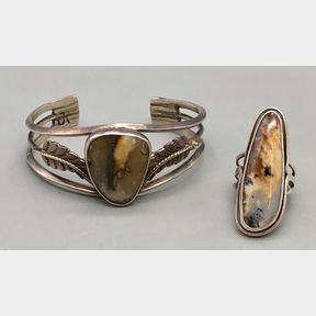 Sterling Silver Bracelet And Ring Set With Picture Agate