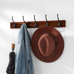 WALL MOUNTED FARMHOUSE COAT RACK 5 STANDARD HOOKS WALNUT