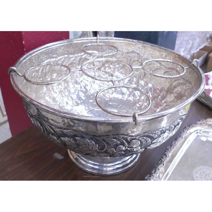 Large Repousse SP Punch Bowl with 5 Wine Bottle Insert