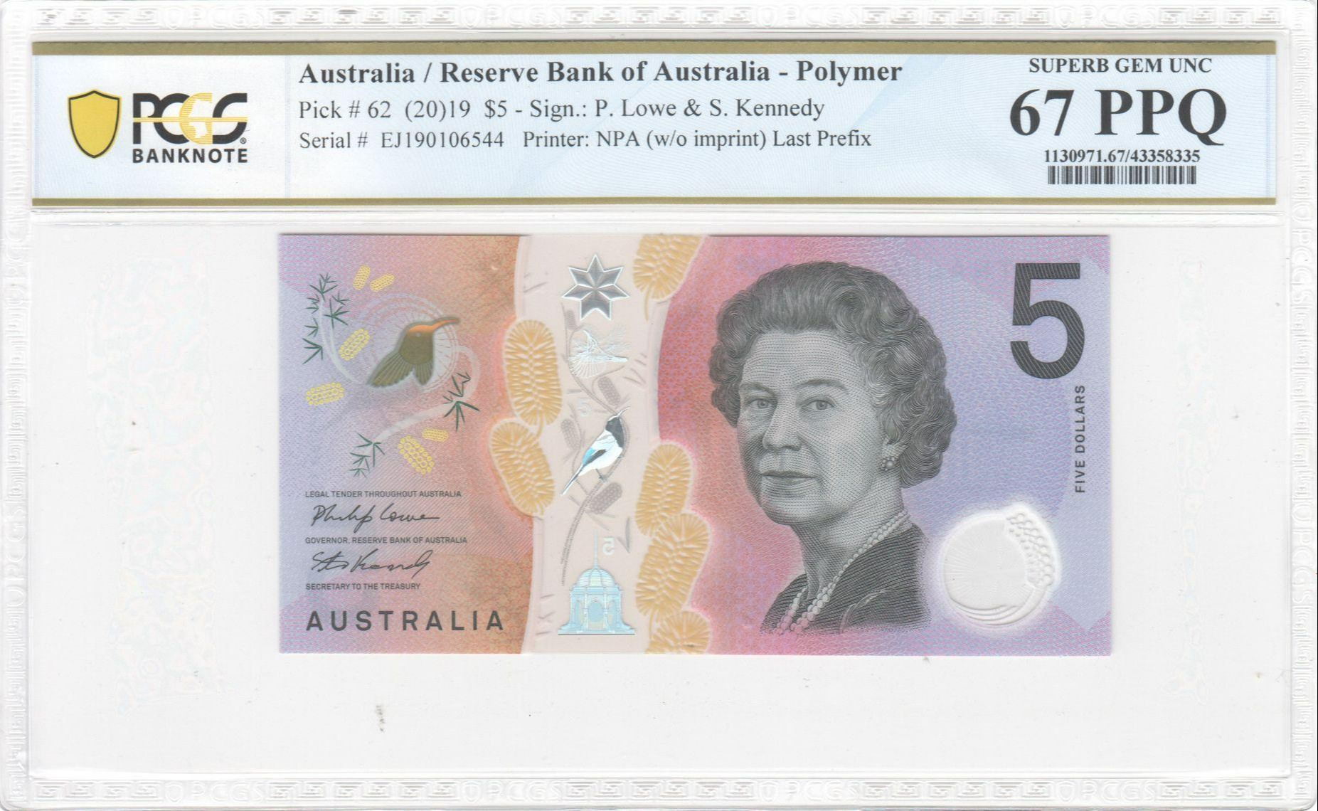 165 · RBA, Polymer, NPA (w/o imprint), Sign.: P. Lowe & S. Kennedy, Last Prefix, Five Dollar, 2019, PCGS - Superb Gem UNC 67 PPQ