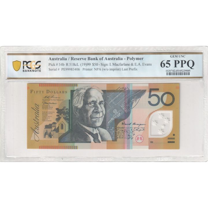 1999 Australia $50 Banknote MacFarlane/Evans Gem Unc 65 PPQ Last Prefix - R.518cL
