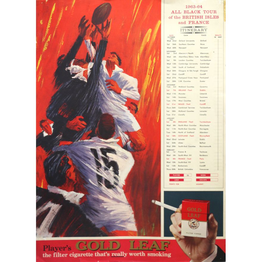 ADVERTISING POSTER - ALL BLACK TOUR , Player's Gold Leaf 1963-64 All Black Tour of the British Isles and France.