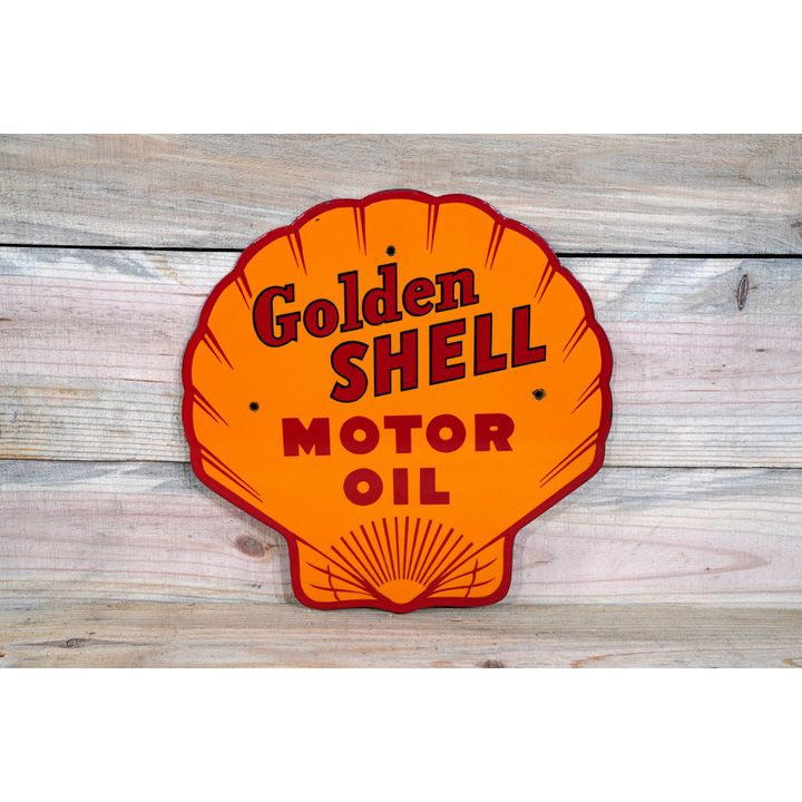 Golden Shell Motor Oil Single Sided Porcelain Clam Shaped Rack Sign TAC 8.5