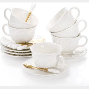 OKLLEN SET OF 6 ROYAL TEA CUPS AND SAUCERS WITH GOLD TRIM, 8 OZ LARGE CAPPUCCINO CUPS SET WITH SPOON, WHITE PORCELAIN TEA CUP SET