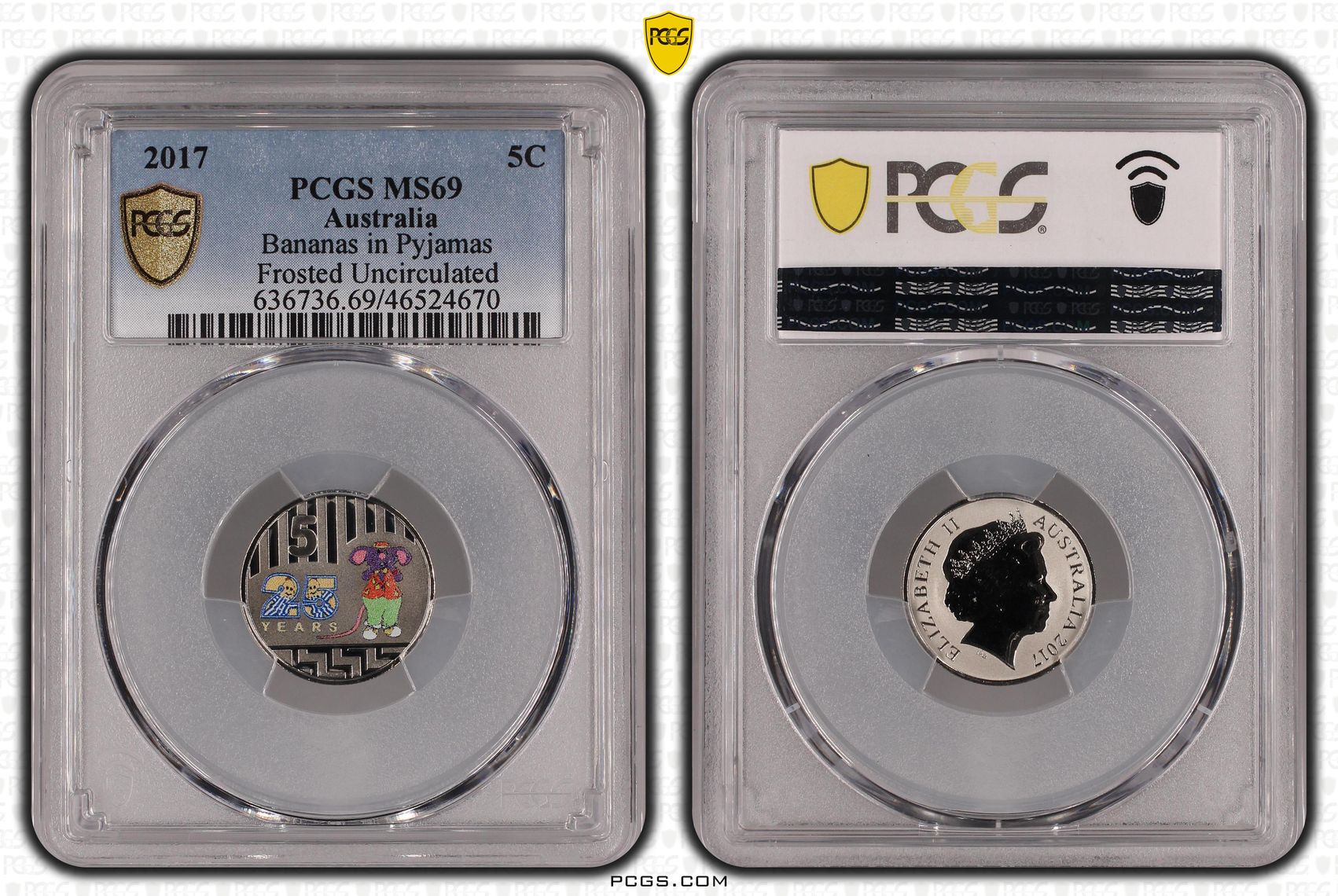 Elizabeth II, Bananas in Pyjamas Frosted Uncirculated, Five Cent, 2017, PCGS MS69