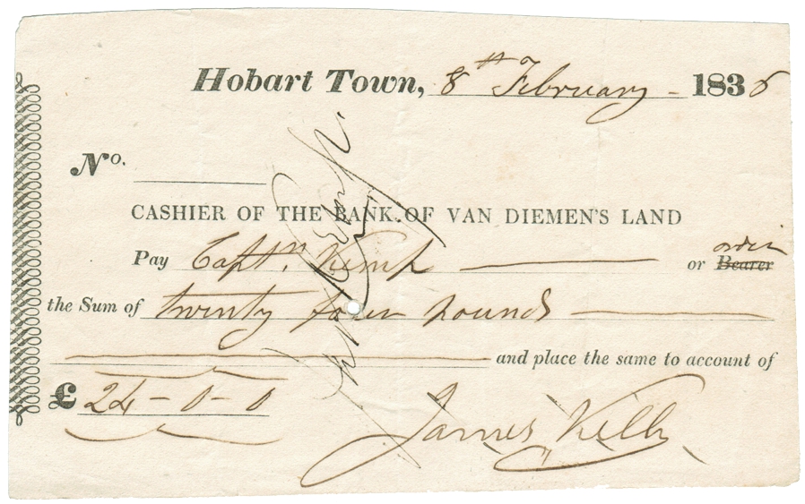 1838 Van Diemans Land Cashiers Cheque