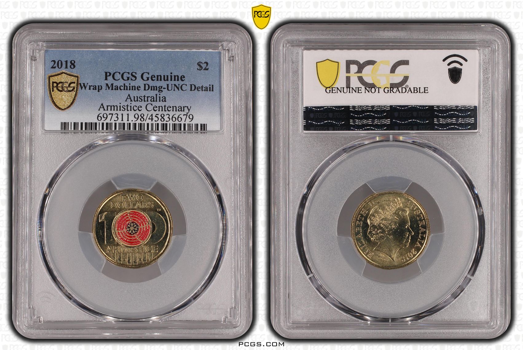 Armistice Centenary Colourised, Two Dollar, 2018, PCGS Genuine - UNC Details (98 - Damage)