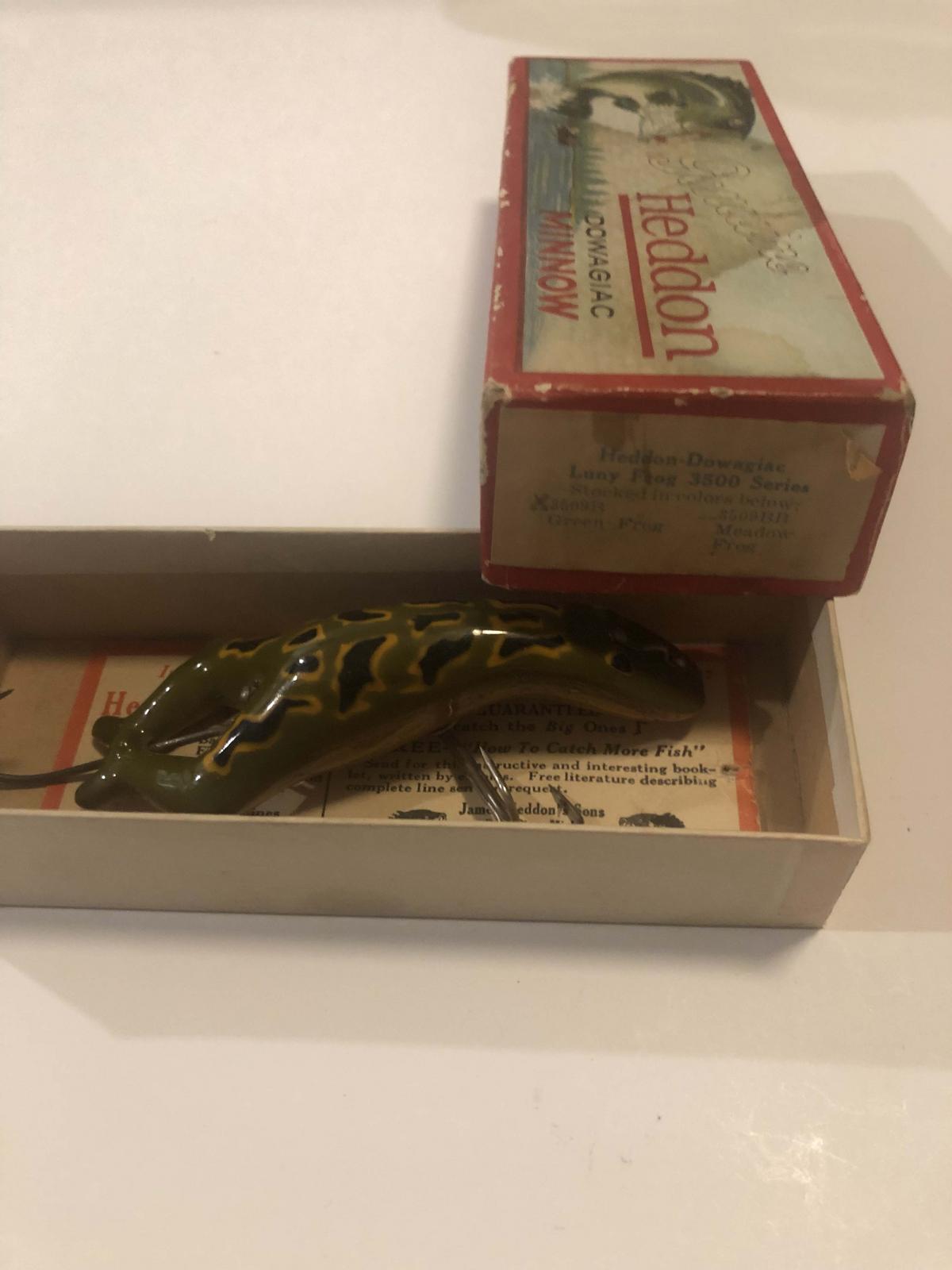 Sold at Auction: Heddon Luny Frog in Box w/Hang Tag – Measures 4¼” in  Length – Has Few Scuffs, Left Eye & Front Lip – Has Belly Toilet Seat  Hardware – Box