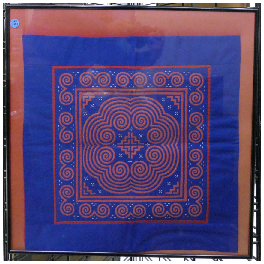 Chinese Hmong Blue & Red Embroidery Framed 22''x22''