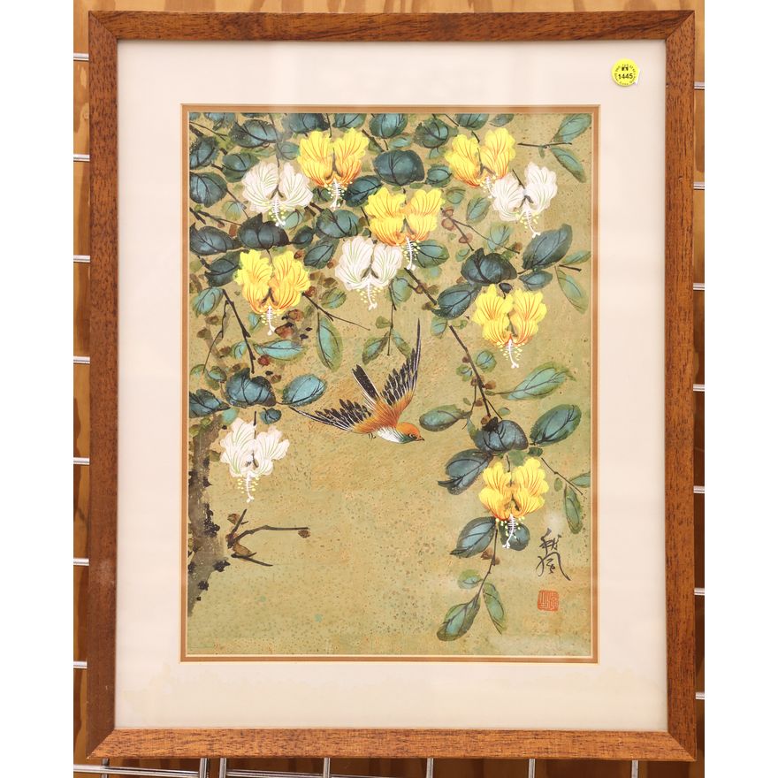 Japanese Bird and Blossom Painting Wood Framed 21''x17''