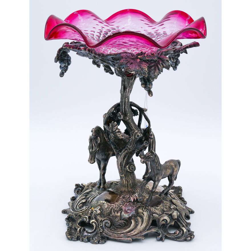 Victorian Horses Silverplated & Glass Tazza 9''
