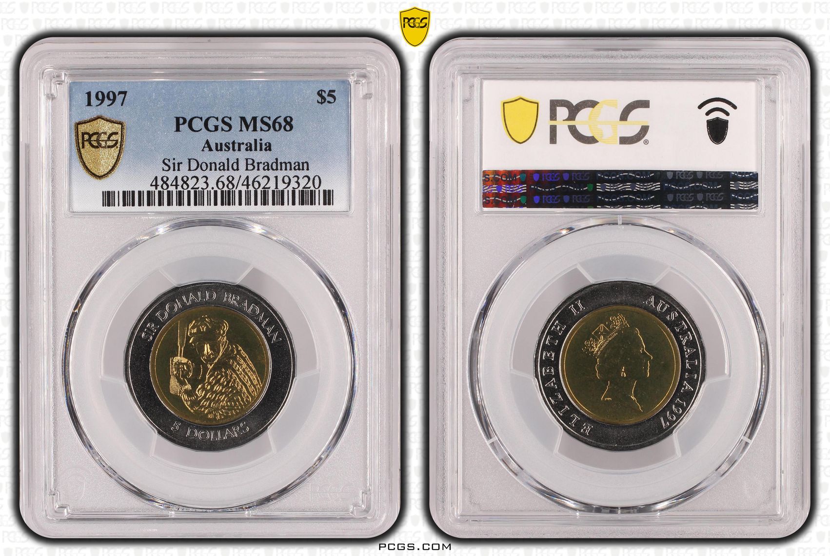 Elizabeth II, Sir Donald Bradman, POP 10/0, Five Dollar, 1997, PCGS MS 68