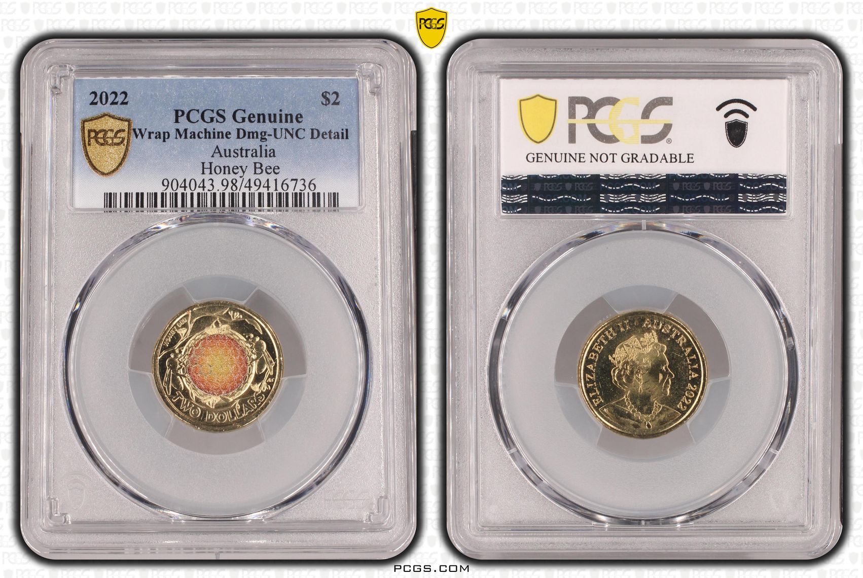 Elizabeth II, Honey Bee Colorized, Two Dollar, 2022, PCGS Genuine - UNC Details (98 - Damage)
