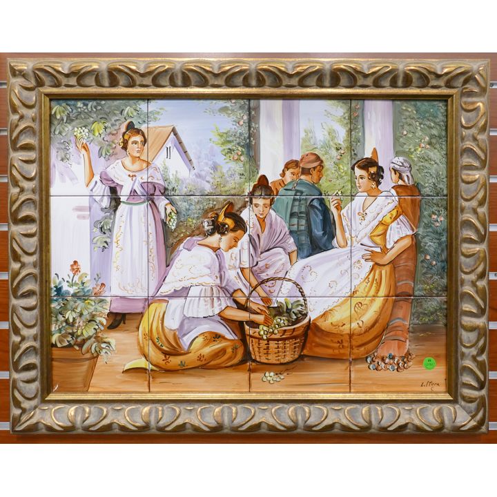 Spanish Painted Women with Grapes Tile Set Framed 22''x28''