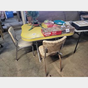 Vintage yellow curve top dining table and 2 chairs