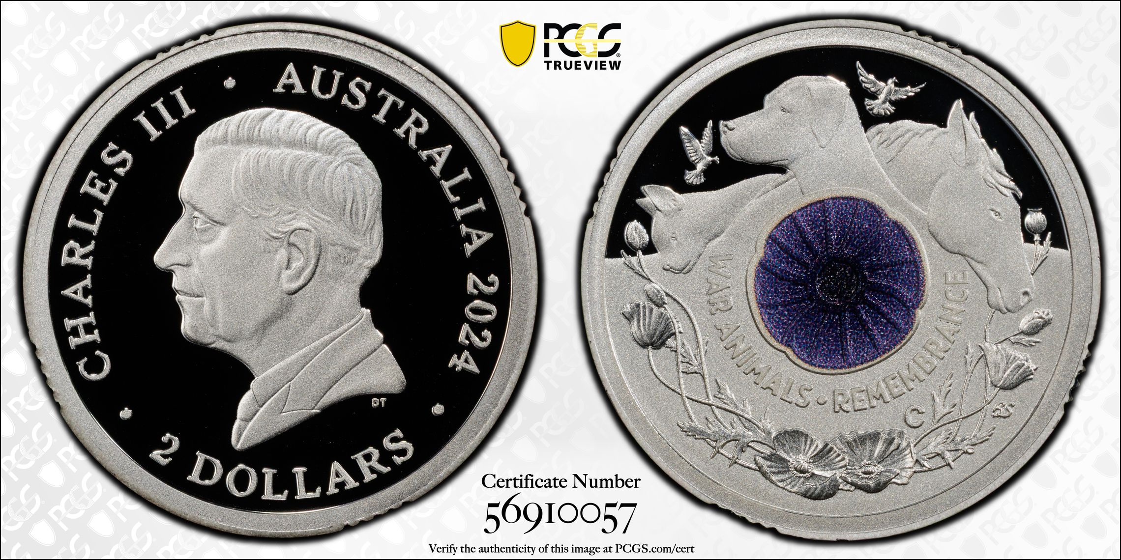 War Animal Remembrance Silver Colourised, Two Dollars, 2024-C, PCGS PR70DCAM