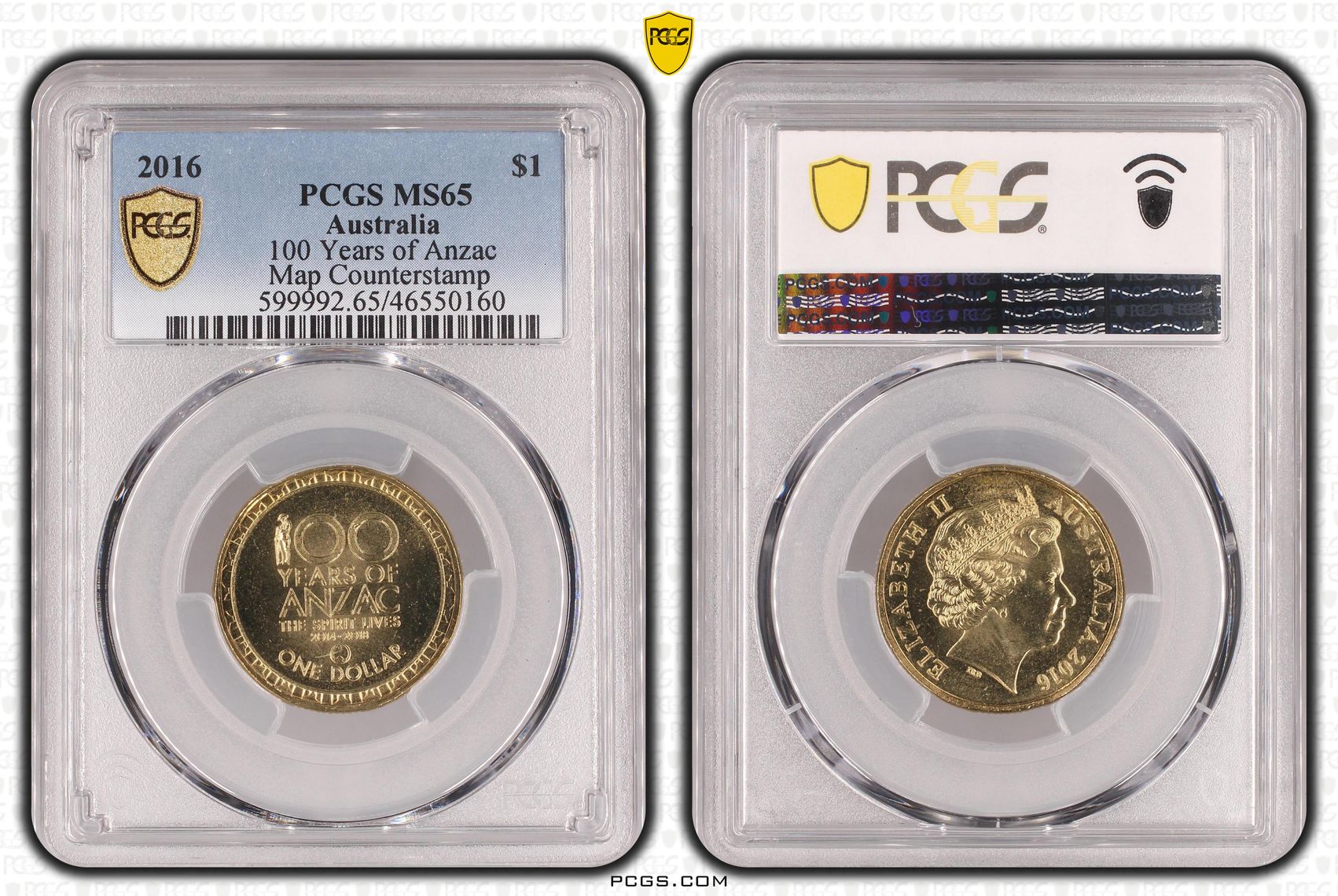 100 Years of Anzac, Map Counterstamp, One Dollar, 2016, PCGS MS65