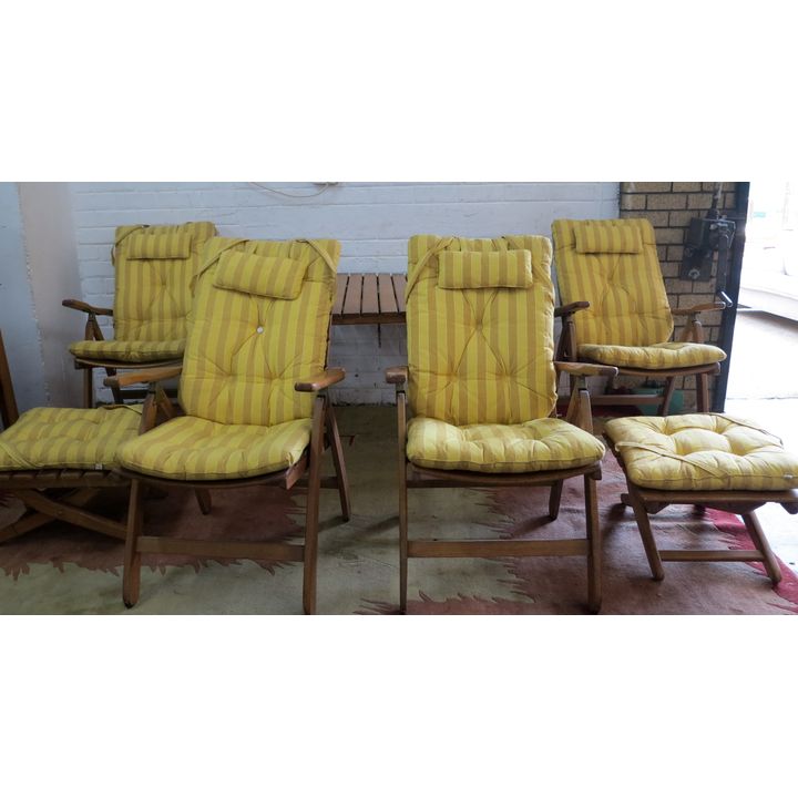 PATIO TABLE, 4 FOLDING CHAIRS AND 2 STOOLS