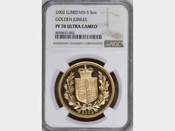 2002 ELIZABETH II GOLDEN JUBILEE PROOF GOLD 5 POUND PF70 UCAM TOP POP!