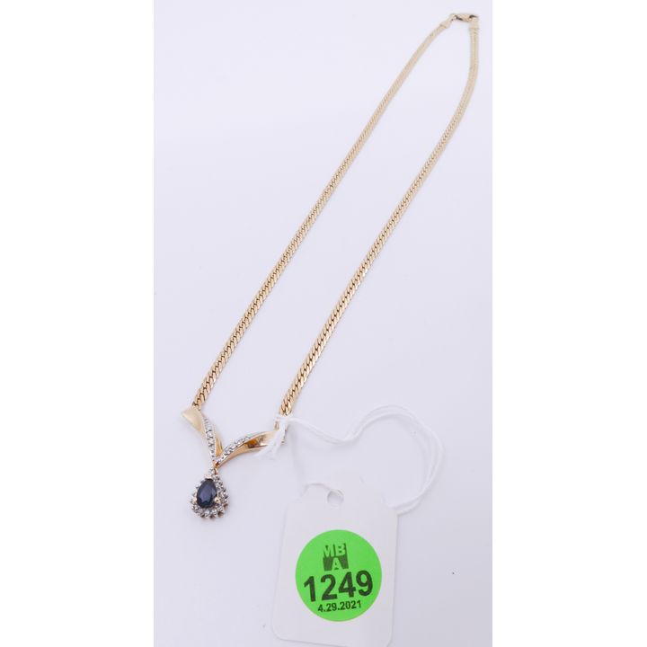 Ladies 14K Blue Stone & CZ Necklace- 16''- 8.1g