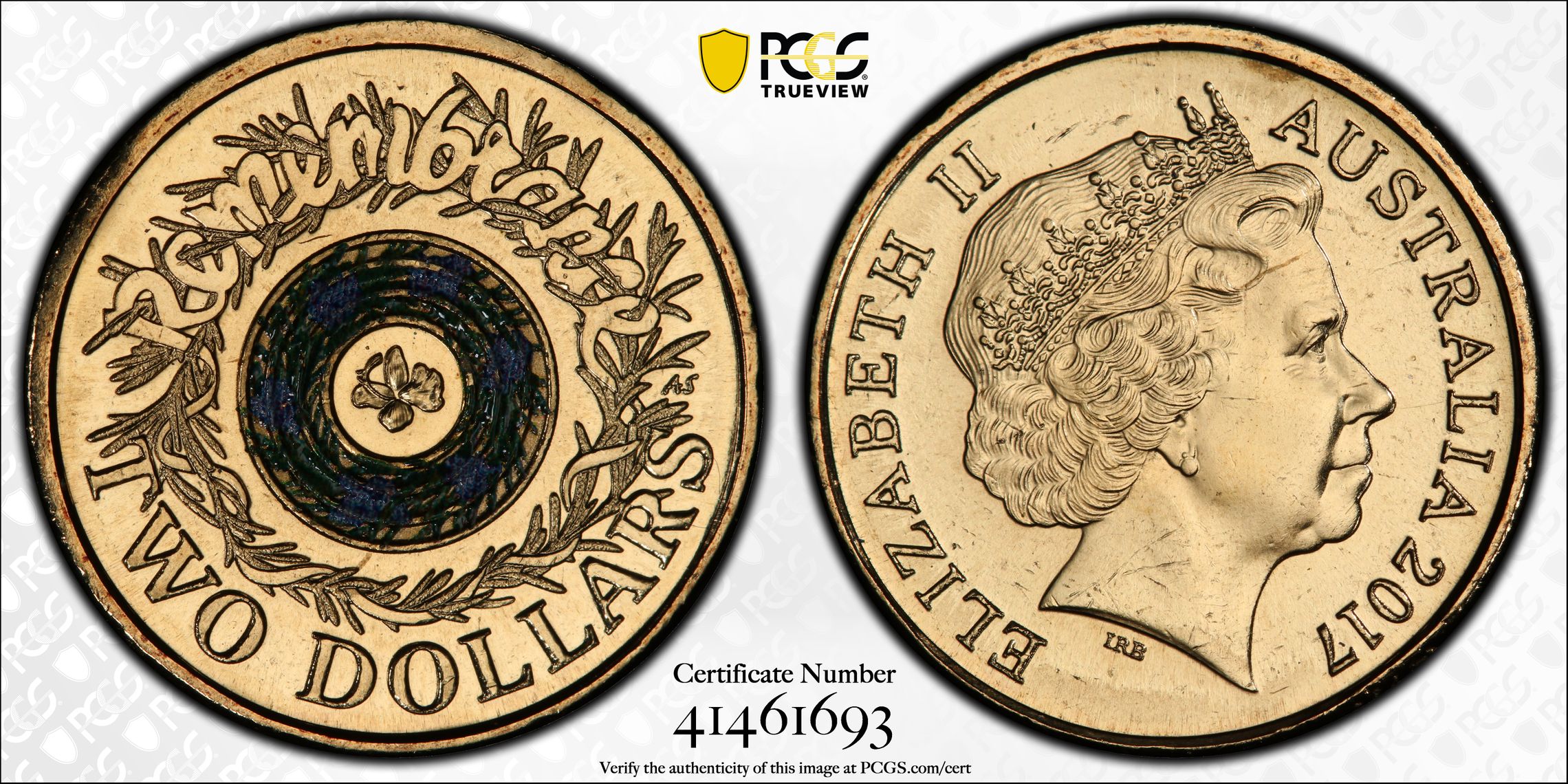 Remembrance Day Colourised, Two Dollar, 2017, PCGS MS66