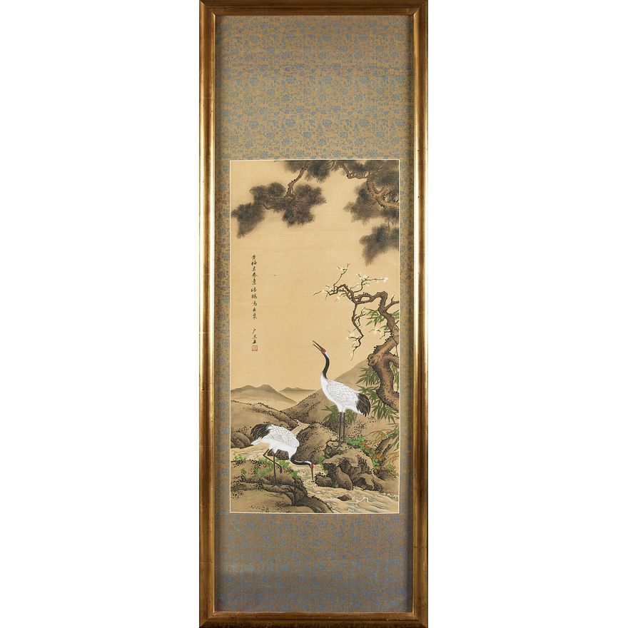 A large 20th century gilt framed Chinese pen and watercolour on silk of a pair of cranes