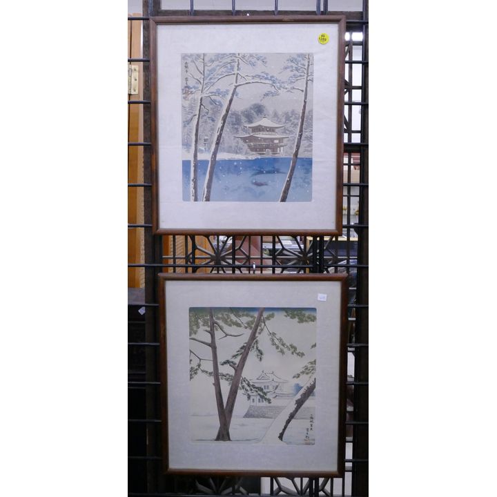 Pair Japanese Temple Woodblock Prints Framed- 15x14'' each