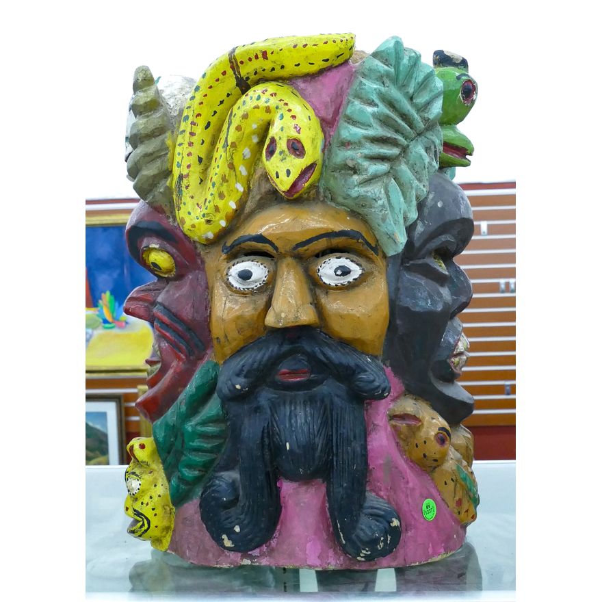 Mexican Carved & Painted Wood Helmet Mask 19''x13''