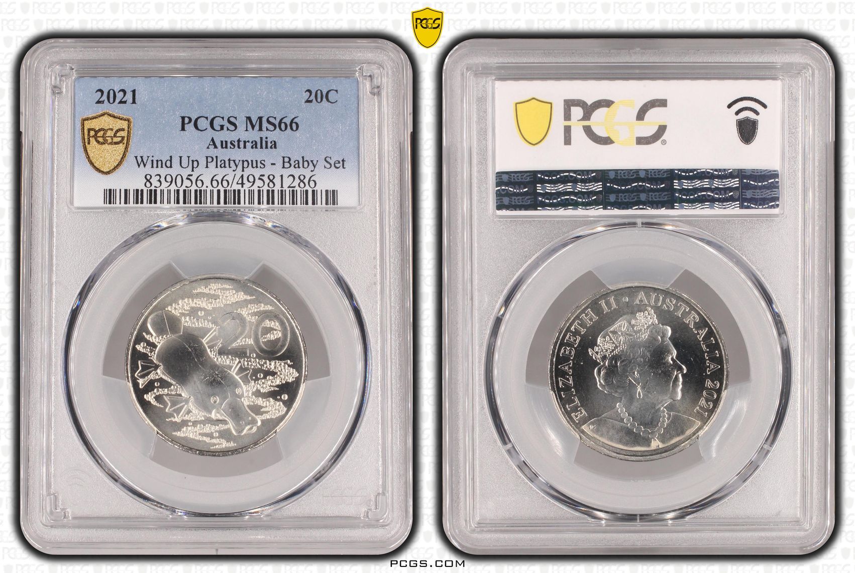 166 · Elizabeth II, Wind Up Platypus - Baby Set , Twenty Cent, 2021, PCGS MS66