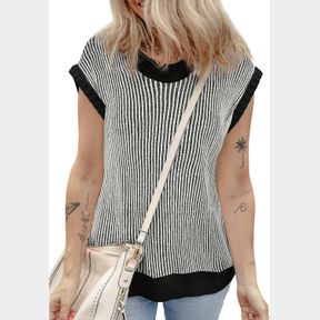 EVALESS SWEATER TANK TOPS FOR WOMEN SUMMER CAP SLEEVE STRIPED CREW NECK LOOSE FIT KNIT LIGHTWEIGHT VEST PULLOVER TOP SZ 2XLG
