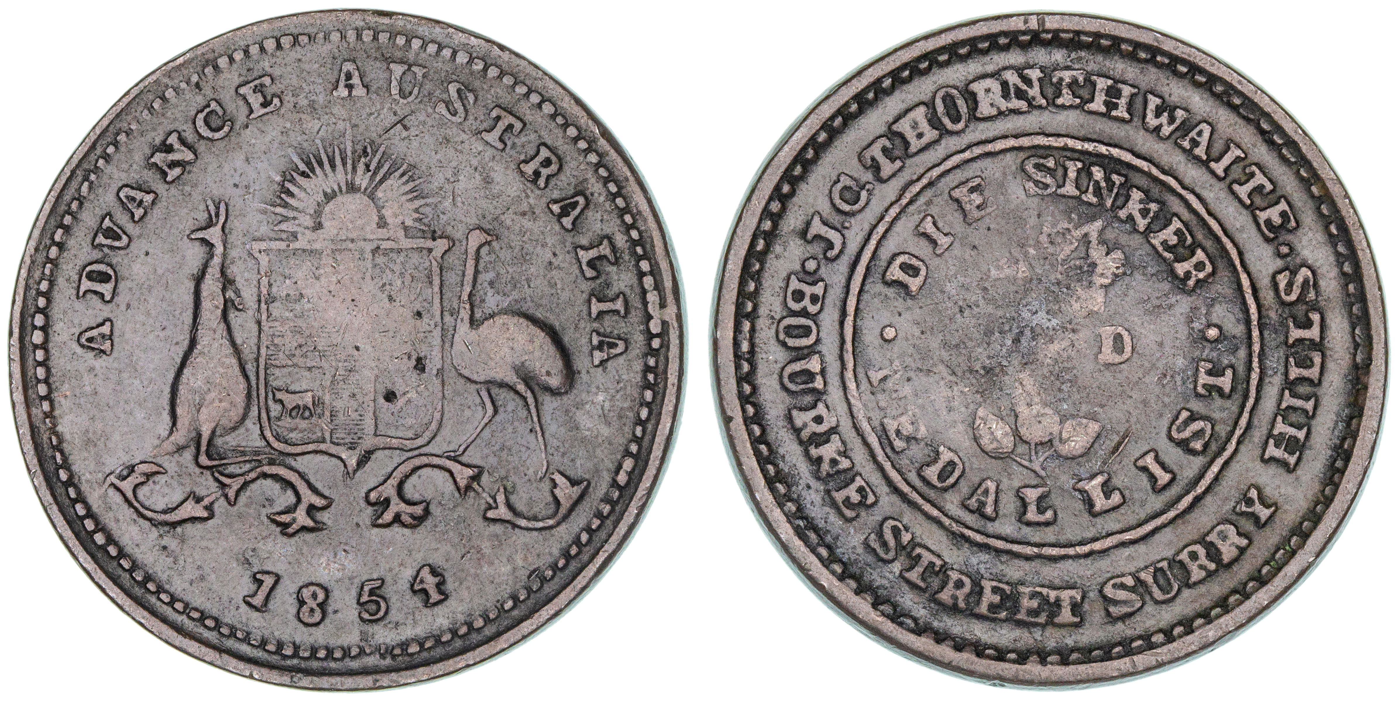 J.C. Thornthwaite, Sydney, Penny, 1854, VF