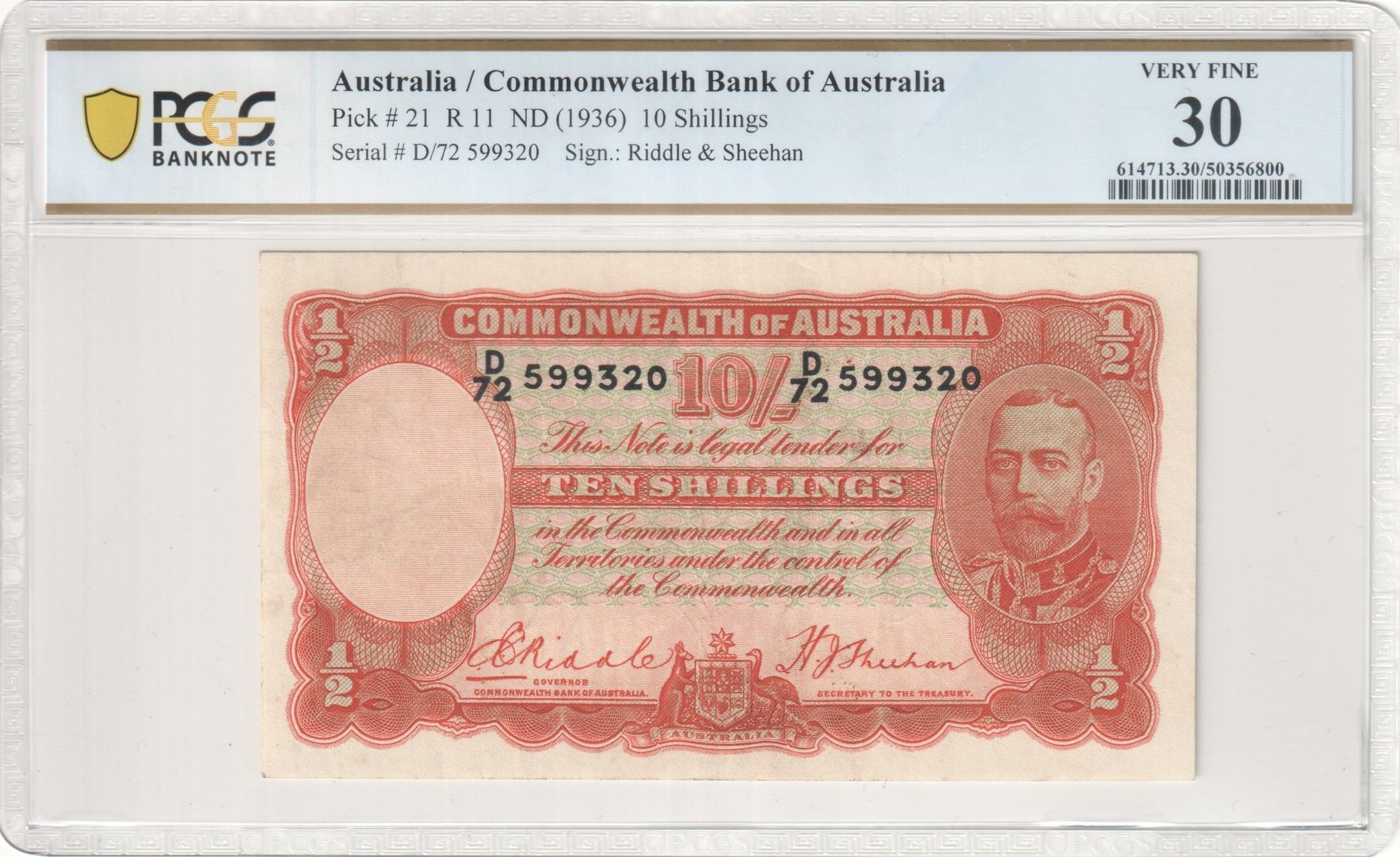 Riddle/Sheehan, Ten Shillings, 1936, PCGS Very Fine 30