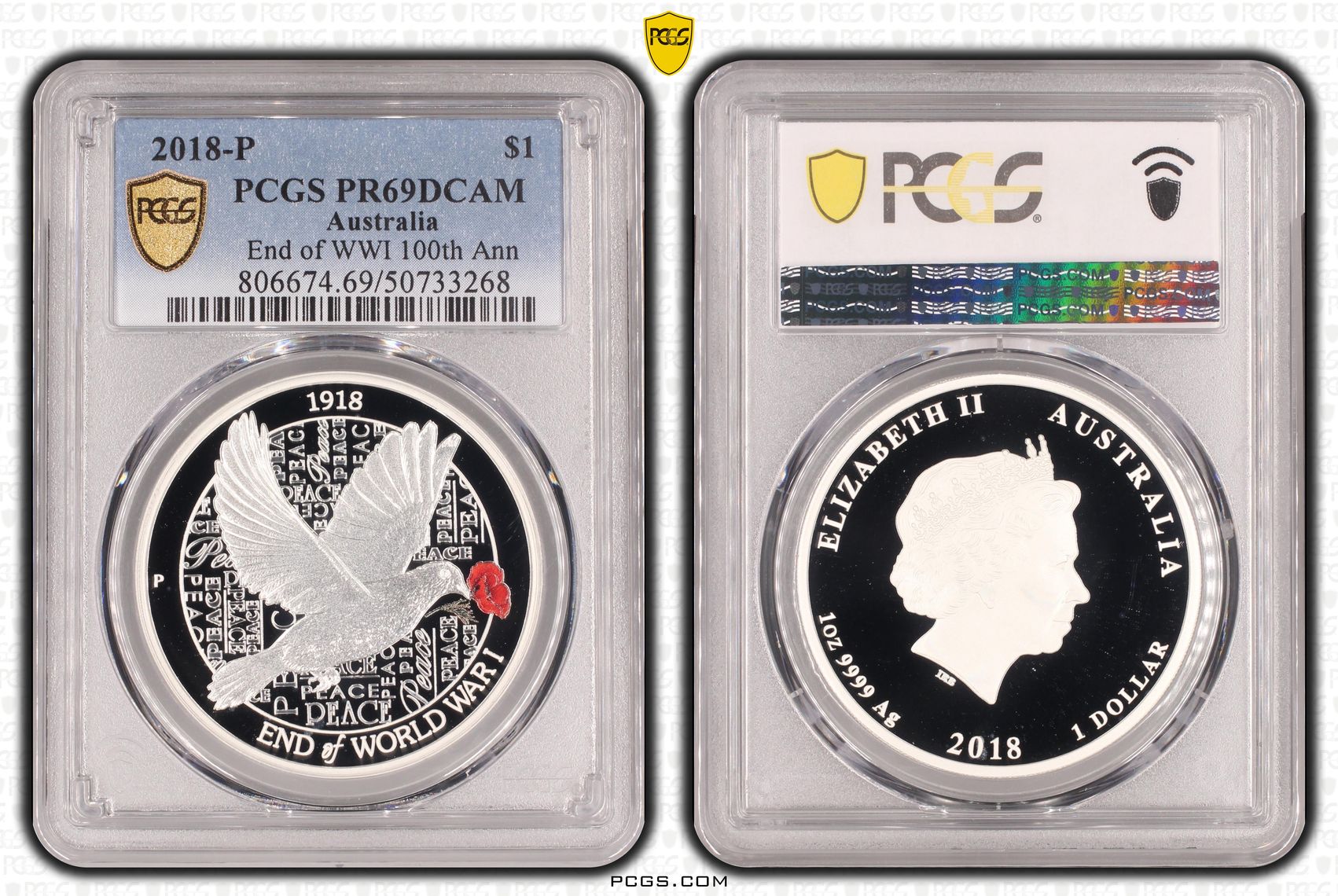 End of WWI 100th Ann - Colorized, One Dollar, 2018-P, PCGS PR69DCAM