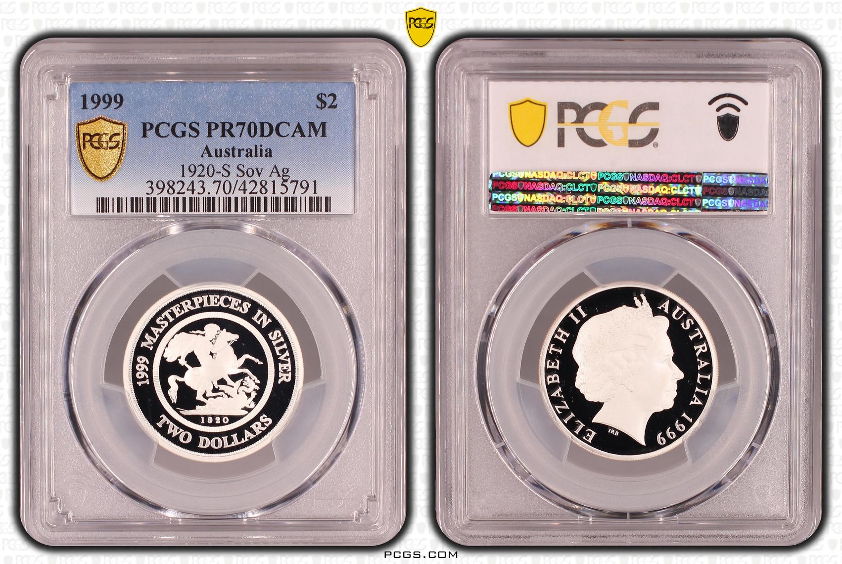 Elizabeth II, Silver, 1920-S Sovereign, Two Dollar, PR70DCAM , 1999 PCGS POP - 35/0
