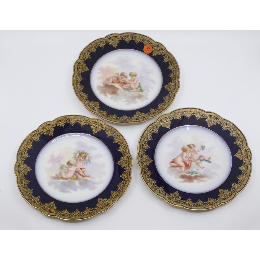 3pc Continental Porcelain Gilt Cobalt Rim Cabinet Plates- 9"