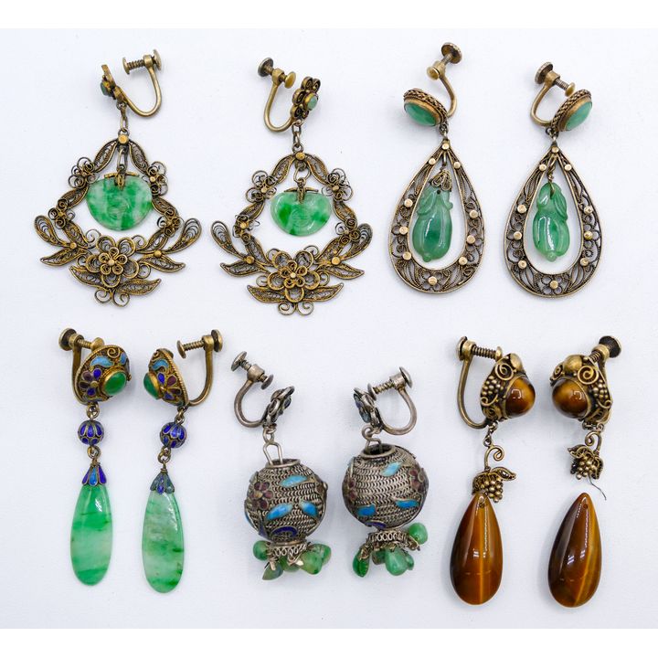 Box Old Chinese Filigree and Jade Earrings etc.
