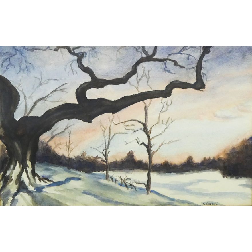Winter Landscape Watercolor signed E. Coburn.