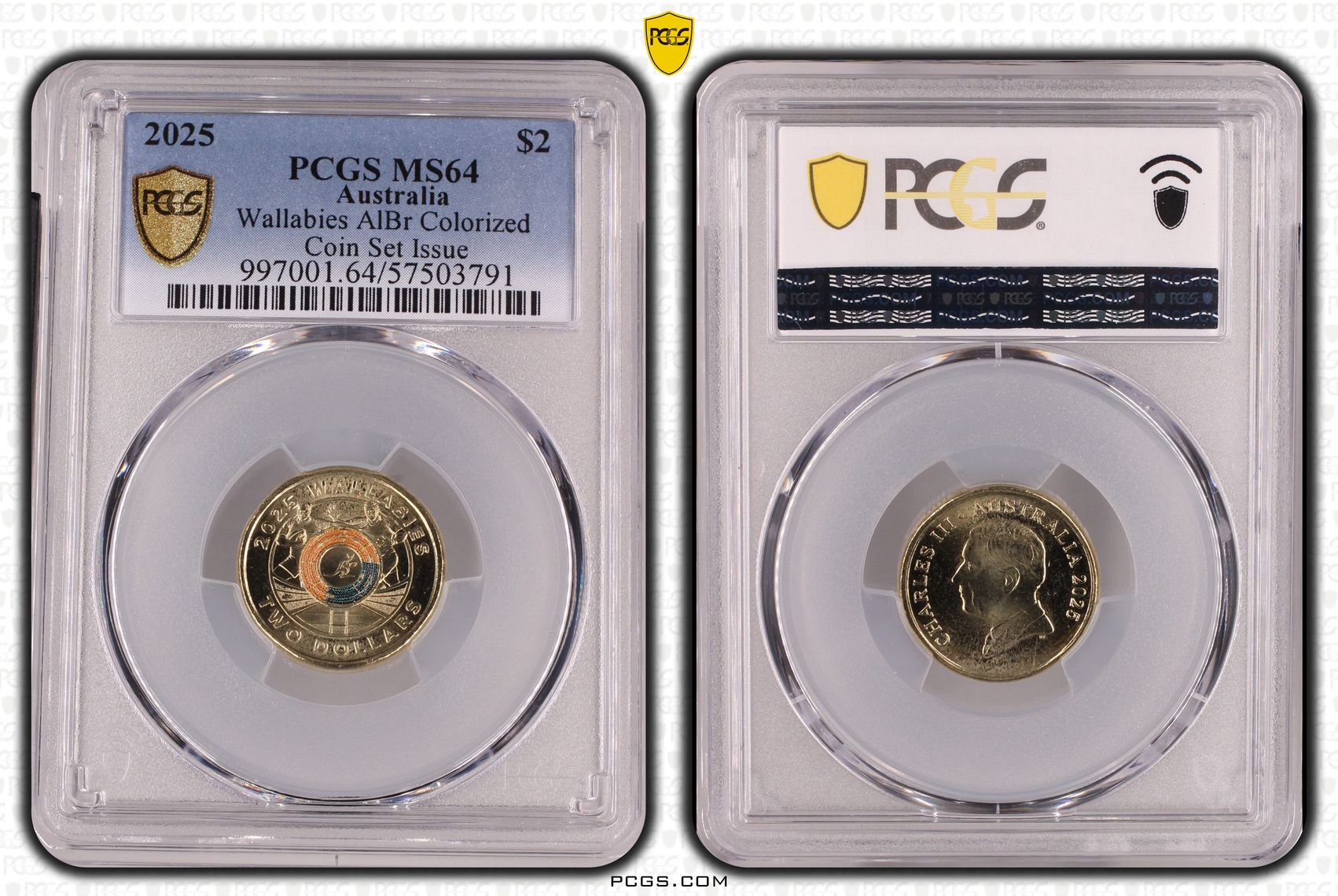Wallabies AlBr Colourised Coin Set Issue, Two Dollar, 2025, PCGS MS64
