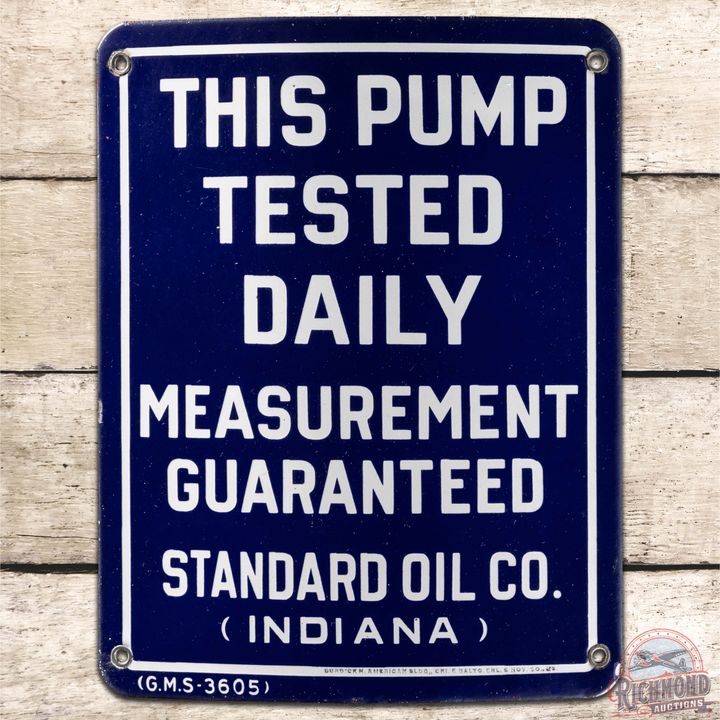 Standard Oil Co. Indiana Measurement Guaranteed SS Porcelain Gas Pump Plate Sign