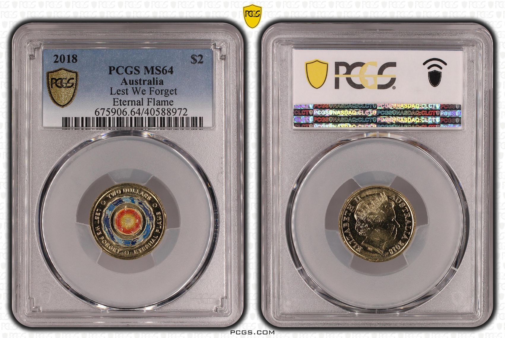 Lest We Forget Eternal Flame Colourised, Two Dollar, 2018, PCGS MS64