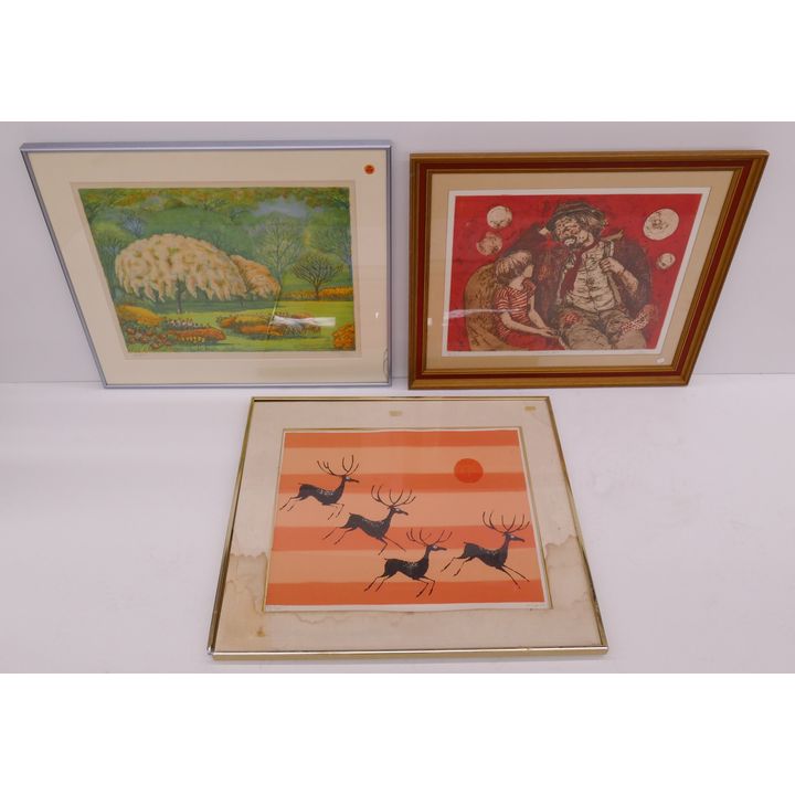 3pc Midcentury S/N Lithographs Framed- Largest 24x27''