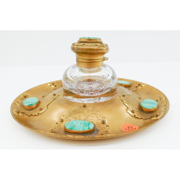 Antique Malachite Inset Crystal Inkwell in Tray- 9''