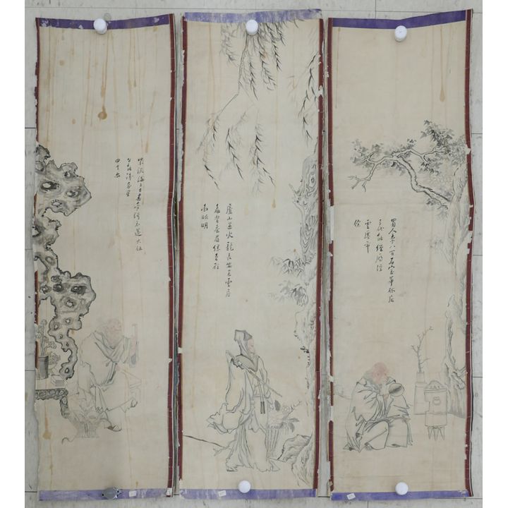 3pc Old Chinese or Japanese Deity Scroll Paintings 48''x14''