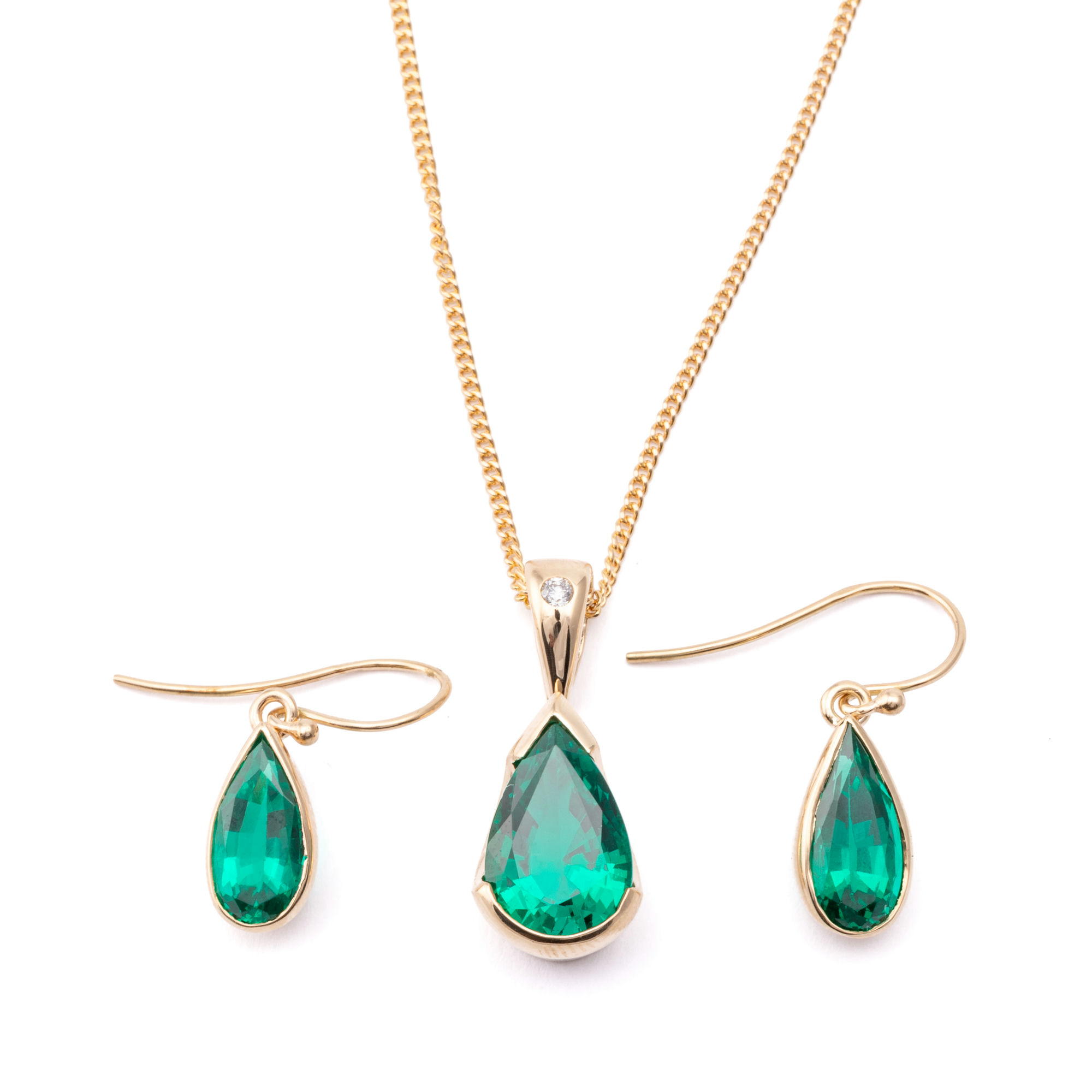 Synthetic Emerald Necklace & Earrings 9ct Gold,