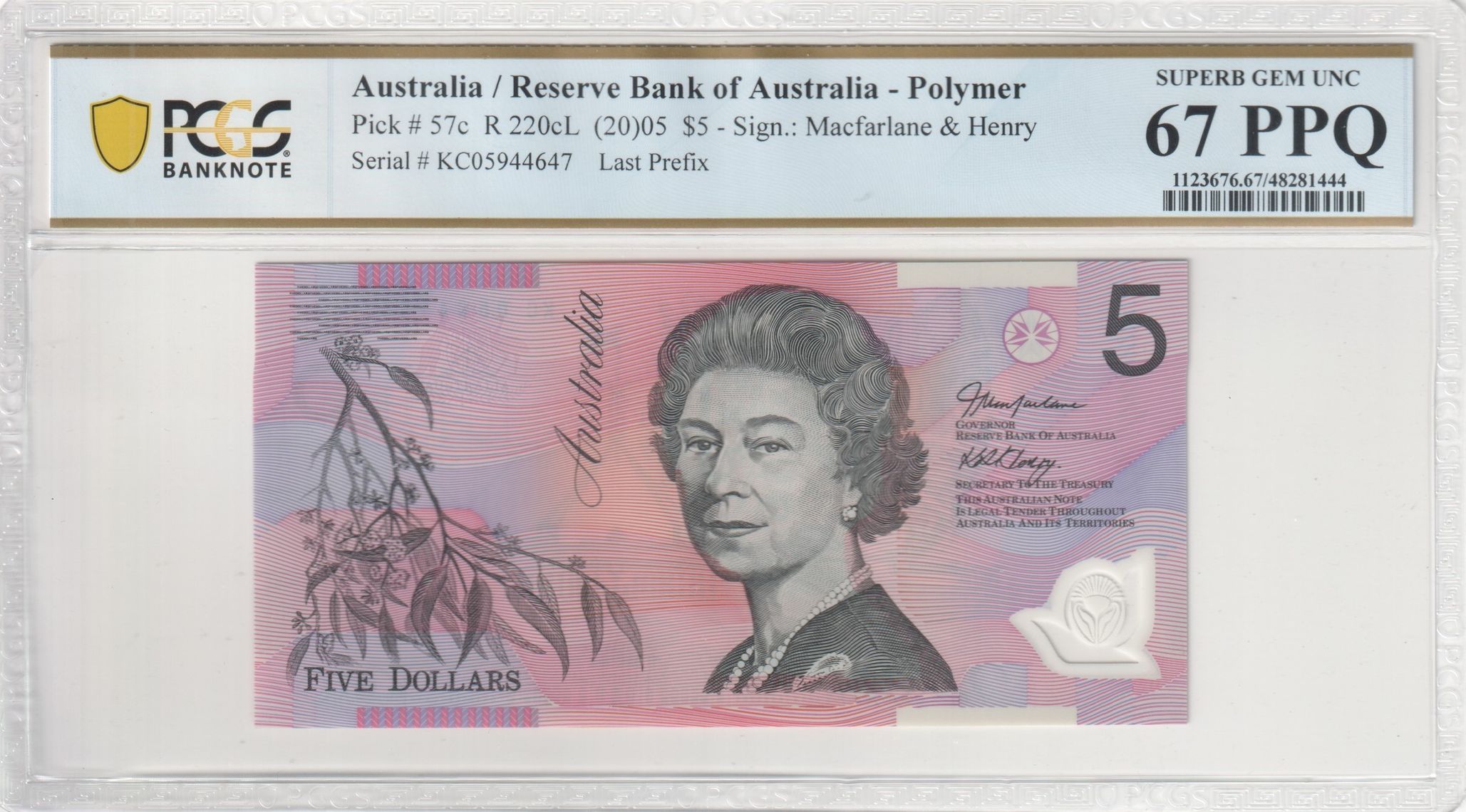 Macfarlane/Henry, Last Prefix, Five Dollar, 2005, PCGS Superb Gem UNC 67 PPQ