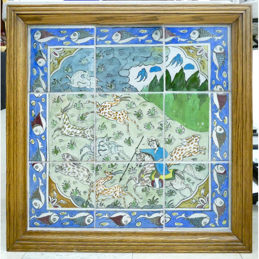 Persian Hunt Scene Framed Faience Tile Set 28''x28''